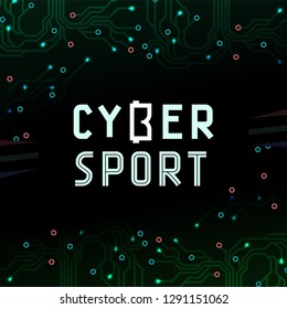 Cybersport text icon with virtual reality glasses B on circuit board background