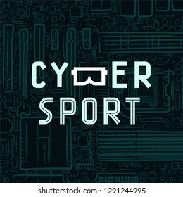 Cybersport text icon with virtual reality glasses B on circuit board background