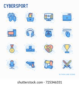 Cybersport Thin Line Icons Set: Gamer, Computer Games, Pc, Headset, Mouse, Game Controller. Modern Vector Illustration.