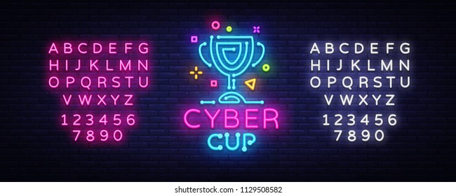 Cybersport Vektorillustration Cup-Emblem. Neonschild Cyber Cup, Design-Vorlage für Cyber Championship, Spieleindustrie, Leichtbanner, Bright Neon Werbung. Vektorillustration. Bearbeiten von Neonzeichen