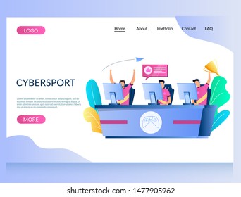 Cybersport vector website template, web page and landing page design for website and mobile site development. Professional gamers playing online video game in front of computer monitor screens.