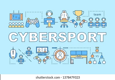 Cybersport word concepts banner. Esports tournament organizing. Computer games competition. Presentation, website. Isolated lettering typography idea with linear icons. Vector outline illustration