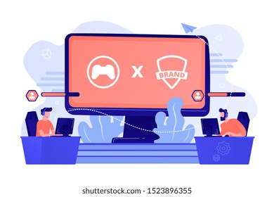 Cybersports competition. Branded game players playing. eSports collaboration esports partnership, esports and global brands cooperation concept. Pink coral blue vector isolated illustration