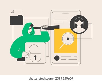 Cyberstalking abstract concept vector illustration. Pursuit of social identity, online false accusations, cyberstalking, internet harassment, cyber crime, realtime stalking abstract metaphor.