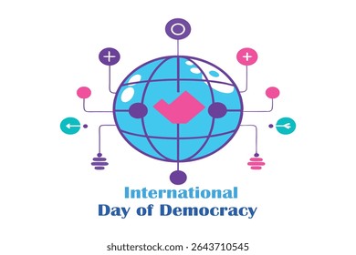 Cyber-style vector of digital globe with glowing nodes, each showing icons of vote, speech, and law. Represents democracy in the digital age. Neon blue and purple colors on white background.