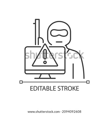 Cyberterrorism linear icon. Illegal cyber attack. Coercion and intimidation. Thin line customizable illustration. Contour symbol. Vector isolated outline drawing. Editable stroke. Arial font used