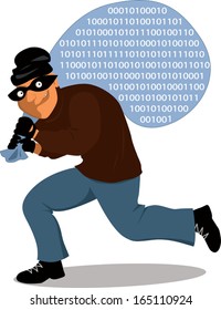 Cyber-thief carrying a sack full of binary code, representing computer data, vector cartoon, no transparencies 