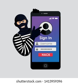 ladrón cibernético, tramposo de internet. Un ladrón hacker con una máscara roba una contraseña en el teléfono, hackea una cuenta. Afiche para página web, banner, presentación, medios sociales. Antiphishing y concepto. 