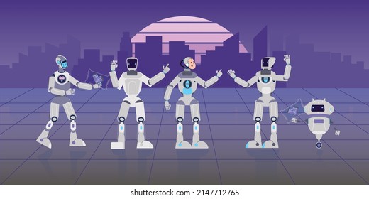 Composición de la ciudad de Cyborg ai con dibujos de estilo de onda plana, robots de paisajes urbanos y personas con trajes robóticos ilustraciones vectoriales