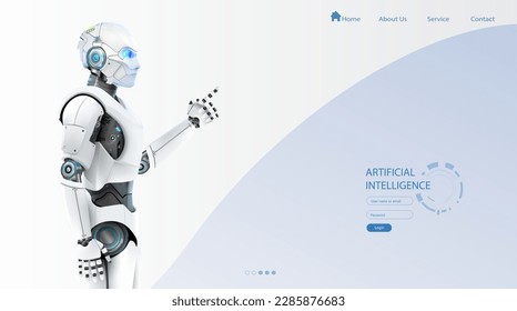 Cyborg AI detailed vector. Machine learning AI with big data. Artificial intelligence analysis information.