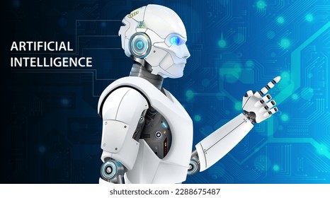 Cyborg AI detailed vector. Machine learning AI with big data. Artificial intelligence analysis information.