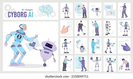 Cyborg ai set with flat vertical compositions of robots with people in droid costumes with text vector illustration