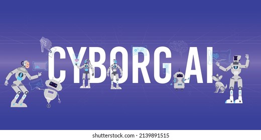 Cyborg Ai Text Flat Composition With Perspective Wireframe View Of Hi Tech Icons Robots And People Vector Illustration