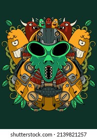 cyborg alien vector print illustration