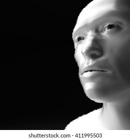 Cyborg. Android. .Realistic Vector Humanoid Robot. View of Human Head. Stipple Effect. Vector Art. Dot Design. Pointillism Style. Face Scanning.