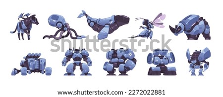 Cyborg animals. Futuristic mechanical robot characters, cartoon punk robotic zoo machines with mechanical body, AI electronic concept. Vector flat set of cyborg mechanical mascot illustration