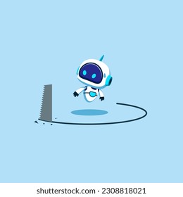 Cyborg with artificial intelligence  being sawed under neath the floor to steal technology. Flat vector illustration