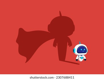 Cyborg with artificial intelligence dreams of becoming a superhero. Confident handsome robot standing superhero shadow concept illustration.