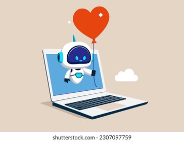 Cyborg with artificial intelligence holding a heart shaped balloon. Feelings of robots on laptop screen. Flat vector illustration