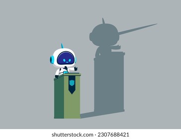 Cyborg  with artificial intelligence with long nose lier talk about fake news. Robot lies about truth. Flat vector illustration