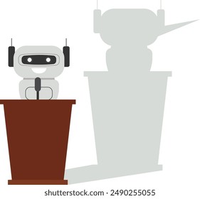 Cyborg with artificial intelligence with long nose lier talk about fake news. Robot lies about truth. Flat vector illustration

