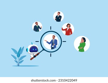 Ciborg con inteligencia artificial con lupa enfocada en personas o usuarios. Estrategia de marketing. Ilustración vectorial plana