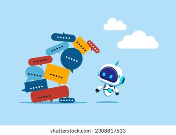 Cyborg with artificial intelligence run away from away from collapsing stack of messages and spam. Modern vector illustration in flat style