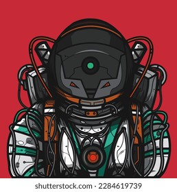 cyborg astronout with many wires cartoon