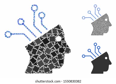 Cyborg brain circuit composition of joggly items in variable sizes and color tints, based on cyborg brain circuit icon. Vector trembly dots are united into composition.