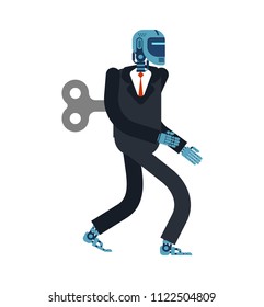 Cyborg businessman Clockwork key. Robot office. Artificial Intelligence. Vector illustration
