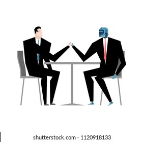 Cyborg and businessman talks. Robot and man at table. Artificial Intelligence. Vector illustration
