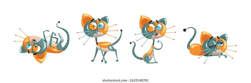 Cyborg Cat Artificial Intelligence and Mechanical Personage Vector Set