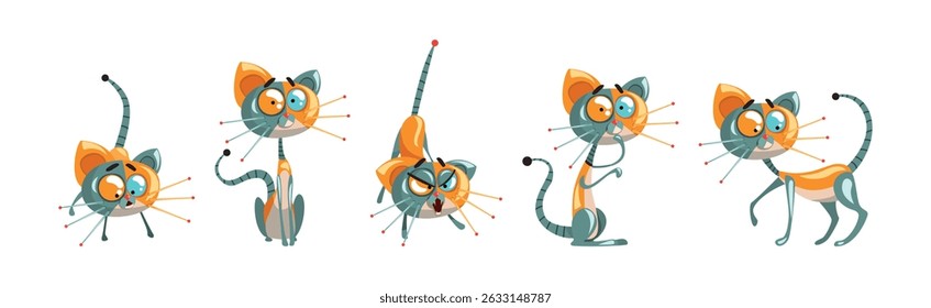 Cyborg Cat Artificial Intelligence and Mechanical Personage Vector Set