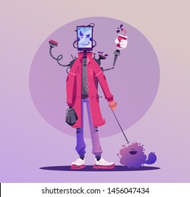 Cyborg character design. Robot with a pet. Cartoon vector illustration. Smartphone screen. Male humanoid. Future technology