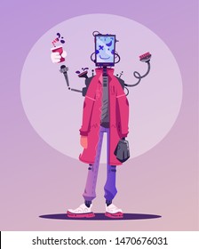 Cyborg character design. Robot with a pet. Cartoon vector illustration. Smartphone screen. Male humanoid. Future technology