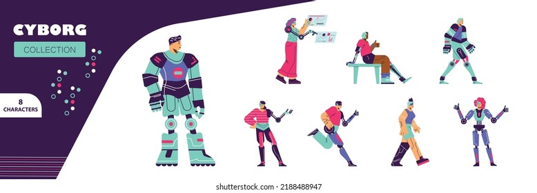 Cyborg characters collection, humanoids with implants and prosthesis - flat vector illustration isolated on white. Set of futuristic men and women with cybernetic body augmentations.