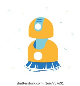 Cyborg Cleaner Character Sweeping Floor. Artificial Intelligence Help in Housekeeping Domestic Chores and Housework. Electronics for Housewives. Robotics Technology Service. Linear Vector Illustration