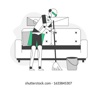 Cyborg Cleaner Sweeping Floor. Artificial Intelligence Helping in Housekeeping Domestic Chores and Housework. Electronics for Housewives. Robotics Technology. Flat Vector Illustration, Line Art