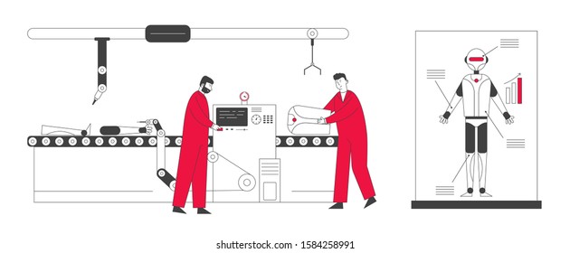 Cyborg Creating Process in Laboratory. Engineers Characters Set Up Parts of Robot on Conveyor Belt. Artificial Intelligence Develop and Assembly Technology. Cartoon Flat Vector Illustration, Line Art