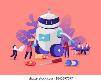 Cyborg Creating Process, Robotics Hobby. Characters Set Up Huge Robot. Woman with Remote Control, Man with Screwdriver. Artificial Intelligence Assembly Technology. Cartoon People Vector Illustration