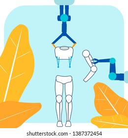 Cyborg Creation Assembly Line Flat Illustration. Robotic Arms Joining Humanoid Parts Together. Hi-tech Manufacturing Process. Smart Industry Automated Workspace. Innovative Equipment, Technology