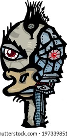 Cyborg duck with half as metal face