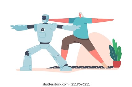 Cyborg and Elderly Woman Characters Doing Exercises Together. Robot Spend Time with Old Lady. Ai Bot Sports Workout with Senior, Futuristic Technology, Automation. Cartoon People Vector Illustration