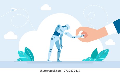 Cyborg with errors and mistakes. Repairman. Broken robot. System malfunction, broken assistant, short circuit. Chatbot error service. Broken robot and engineer ready to repair. Vector illustration