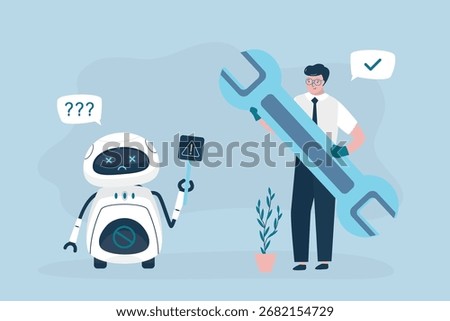 Cyborg with errors and mistakes. Repairman with giant wrench. Chatbot error service. Broken robot and engineer ready to repair. Cute robot needs repairs, owner with tools. Cartoon vector illustration