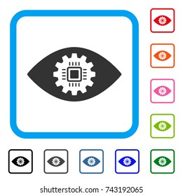 Cyborg Eye Lens icon. Flat grey pictogram symbol inside a light blue rounded frame. Black, gray, green, blue, red, orange color versions of Cyborg Eye Lens vector.