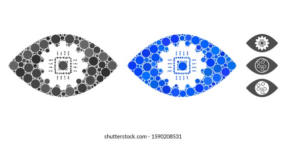 Cyborg eye lens mosaic of round dots in various sizes and color tones, based on cyborg eye lens icon. Vector round dots are combined into blue mosaic.