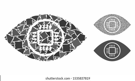 Cyborg eye mosaic of ragged elements in different sizes and shades, based on cyborg eye icon. Vector ragged items are organized into composition. Cyborg eye icons collage with dotted pattern.