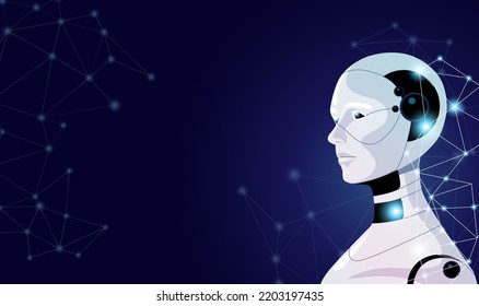 Cyborg face, female robot, Humanoid head. Banner of futuristic robot with artificial intelligence. Revolution mind technologies of bionic science. Future evolution of humanity. Vector Illustration