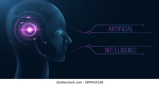 Cyborg face with HUD interface. Artificial Intelligence. Neural networks. Data visualization. UI design. Vector illustration